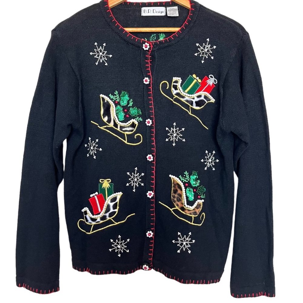 Vtg~ B.P. Design Ugly Christmas Cardigan Leopard Fur Sleighs Sequins/Pea…